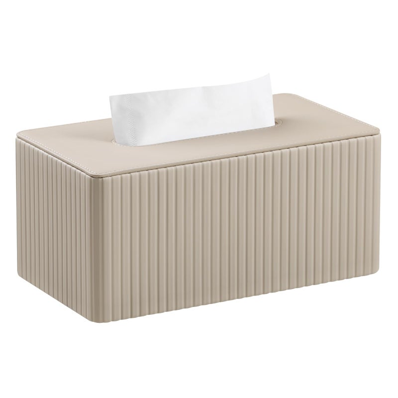 MEIBOOCH PU Leather Tissue Box Cover Rectangle Tissue Box Holder for 120-160 Count Box of Tissues (Beige Stria) - Image 1